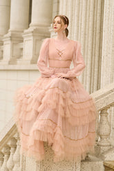Naomi Plunge Neck Long Sleeves Ruffled Princess Dress